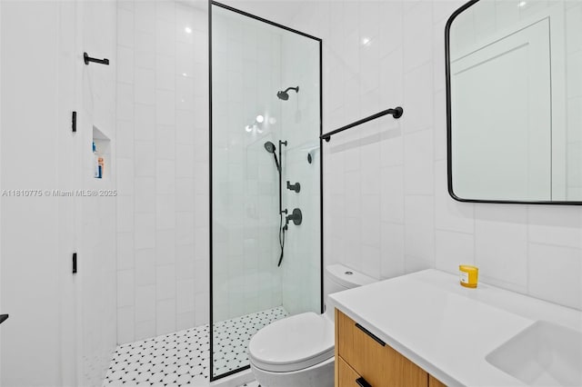 725 NE 22nd St Unit Ph3C, Miami, FL 33137 - full bathroom with toilet, a tile shower, vanity, and tile walls