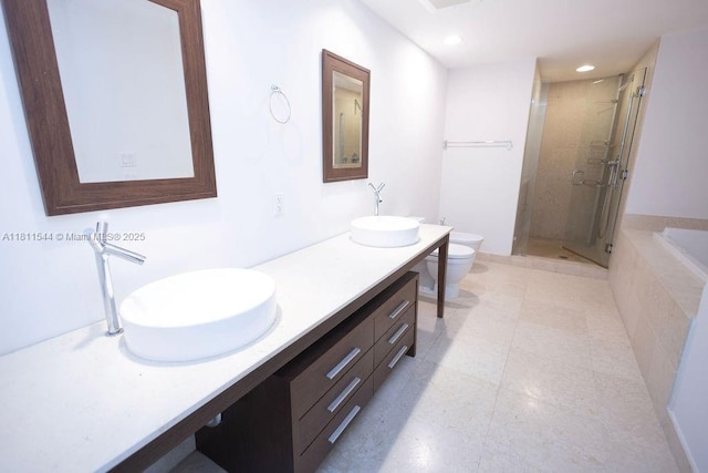 475 Brickell Ave Unit 1715, Miami, FL 33131 - bathroom featuring toilet, a shower stall, double vanity, a garden tub, and recessed lighting