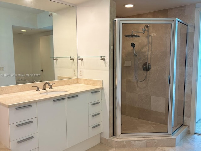 14951 Royal Oaks Ln Unit 1804, North Miami, FL 33181 - full bath featuring vanity, a stall shower, recessed lighting, and tile patterned flooring