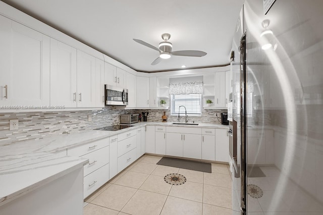 5808 Polk St, Hollywood, FL 33021 - kitchen featuring appliances with stainless steel finishes, a sink, open shelves, a ceiling fan, and decorative backsplash