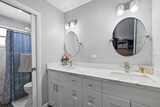 5808 Polk St, Hollywood, FL 33021 - bathroom featuring marble look tiles, double vanity, toilet, and a shower with shower curtain