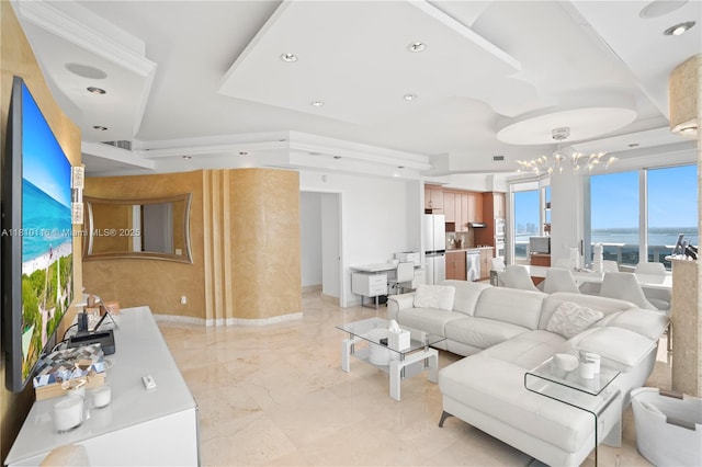 4775 Collins Ave Unit Ph4107, Miami Beach, FL 33140 - living area featuring a water view, a chandelier, light marble finish flooring, baseboards, and recessed lighting