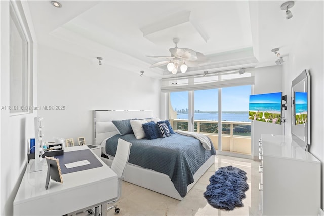 4775 Collins Ave Unit Ph4107, Miami Beach, FL 33140 - bedroom with a raised ceiling, a ceiling fan, and light tile patterned floors