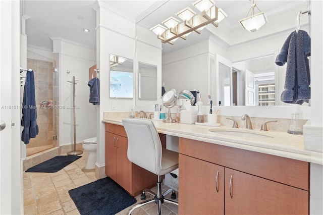 4775 Collins Ave Unit Ph4107, Miami Beach, FL 33140 - full bathroom featuring crown molding, double vanity, a stall shower, toilet, and stone tile flooring