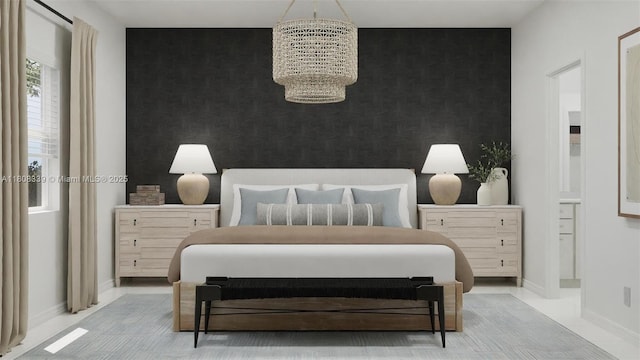 17372 SW 285th St, Miami, FL 33030 - bedroom featuring an accent wall, a chandelier, and wallpapered walls