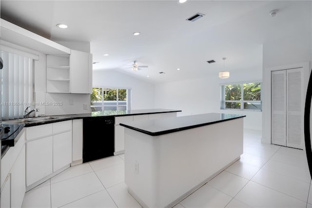 7201 SW 84th Pl, Miami, FL 33143 - kitchen featuring dishwasher, open shelves, dark countertops, vaulted ceiling, and white cabinets