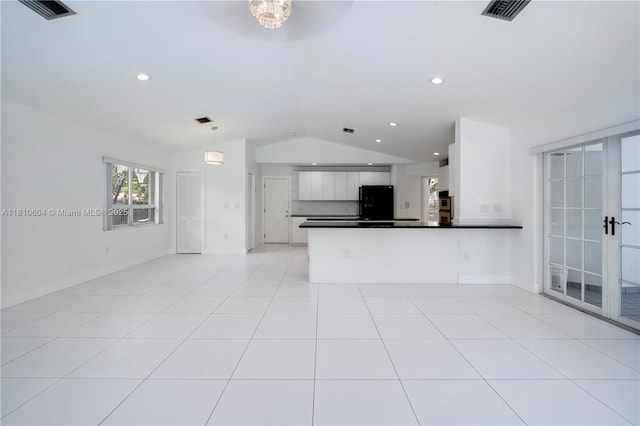 7201 SW 84th Pl, Miami, FL 33143 - unfurnished living room with lofted ceiling, a ceiling fan, baseboards, recessed lighting, and light tile patterned flooring