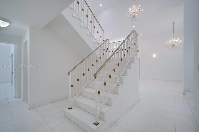 7201 SW 84th Pl, Miami, FL 33143 - staircase with a chandelier, recessed lighting, and tile patterned flooring
