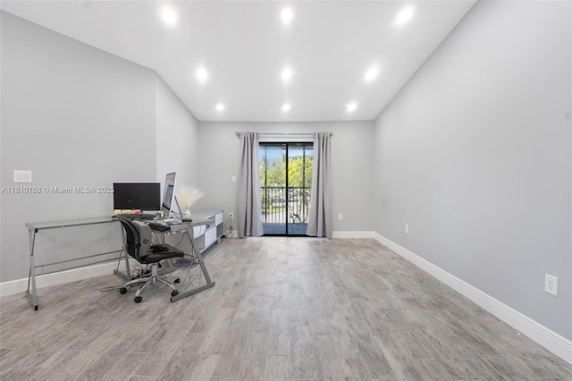 469 NE 207th Ln Unit 205, Miami, FL 33179 - office area featuring wood finished floors, baseboards, lofted ceiling, and recessed lighting