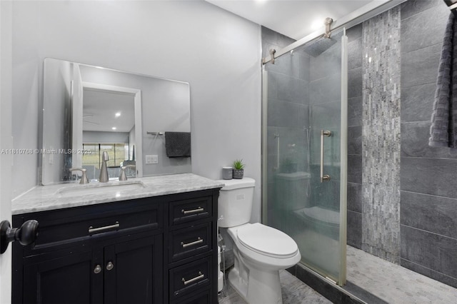 469 NE 207th Ln Unit 205, Miami, FL 33179 - bathroom featuring toilet, a shower stall, vanity, and ceiling fan