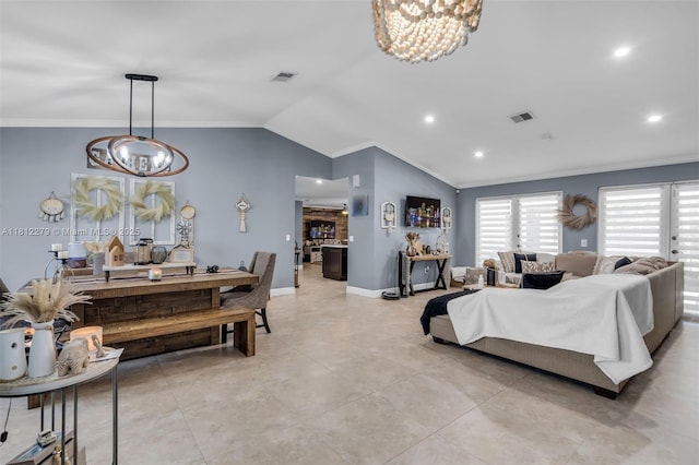 15760 SW 45th St, Miami, FL 33185 - living area featuring a chandelier, crown molding, lofted ceiling, recessed lighting, and light tile patterned floors