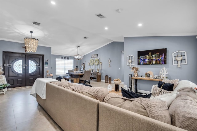 15760 SW 45th St, Miami, FL 33185 - living room featuring ornamental molding, french doors, a chandelier, recessed lighting, and light tile patterned floors