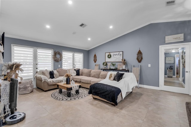 15760 SW 45th St, Miami, FL 33185 - living area with vaulted ceiling, ornamental molding, recessed lighting, and light tile patterned floors