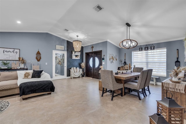 15760 SW 45th St, Miami, FL 33185 - dining space featuring a chandelier, vaulted ceiling, baseboards, and crown molding
