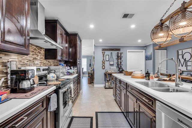 15760 SW 45th St, Miami, FL 33185 - kitchen featuring wall chimney range hood, appliances with stainless steel finishes, a sink, ornamental molding, and light countertops