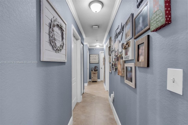 15760 SW 45th St, Miami, FL 33185 - hall featuring crown molding, a textured wall, tile patterned flooring, and baseboards