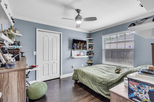 15760 SW 45th St, Miami, FL 33185 - bedroom with ornamental molding, wood finished floors, baseboards, and ceiling fan