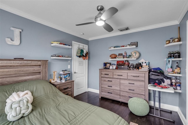 15760 SW 45th St, Miami, FL 33185 - bedroom featuring crown molding, dark wood-style flooring, baseboards, and a ceiling fan