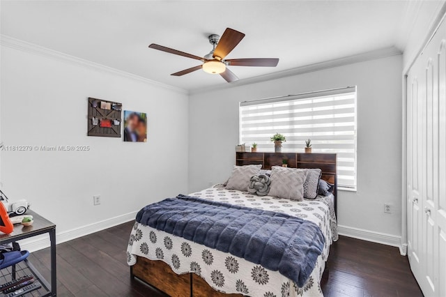 15760 SW 45th St, Miami, FL 33185 - bedroom featuring baseboards, wood-type flooring, ornamental molding, a closet, and a ceiling fan