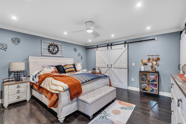15760 SW 45th St, Miami, FL 33185 - bedroom featuring a barn door, crown molding, recessed lighting, dark wood-style floors, and baseboards