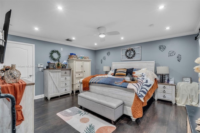 15760 SW 45th St, Miami, FL 33185 - bedroom featuring recessed lighting, crown molding, dark wood-style flooring, a ceiling fan, and baseboards