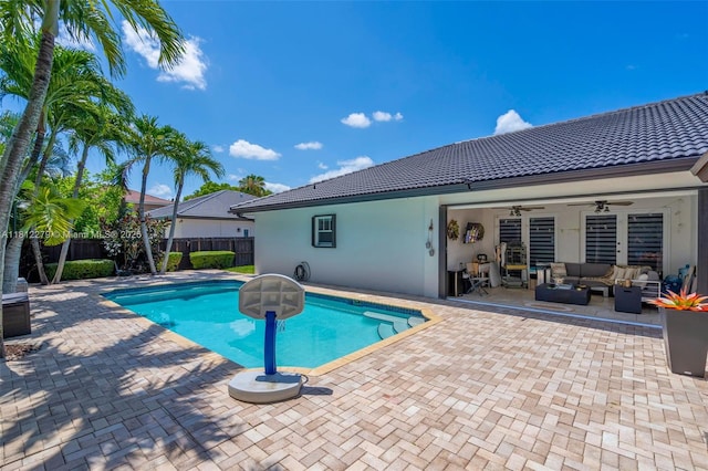 15760 SW 45th St, Miami, FL 33185 - view of pool featuring an outdoor living space, a ceiling fan, and a patio