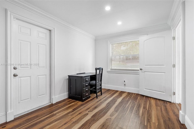 840 N 68th Ter, Hollywood, FL 33024 - office area featuring baseboards, dark wood finished floors, crown molding, and recessed lighting