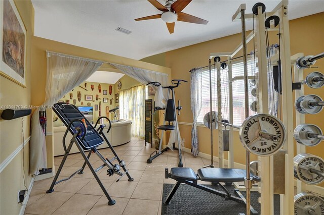 14520 SW 37th St, Miramar, FL 33027 - exercise area featuring a ceiling fan, light tile patterned flooring, and baseboards