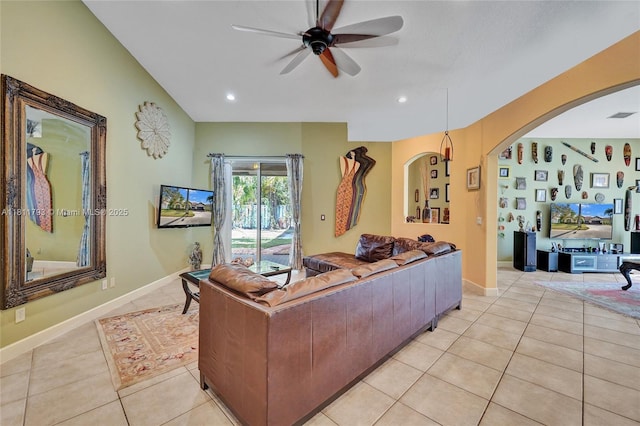 14520 SW 37th St, Miramar, FL 33027 - living area with a ceiling fan, arched walkways, light tile patterned floors, recessed lighting, and baseboards