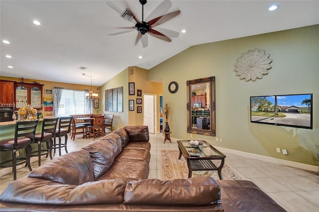 14520 SW 37th St, Miramar, FL 33027 - living area featuring light tile patterned floors, recessed lighting, lofted ceiling, ceiling fan, and baseboards