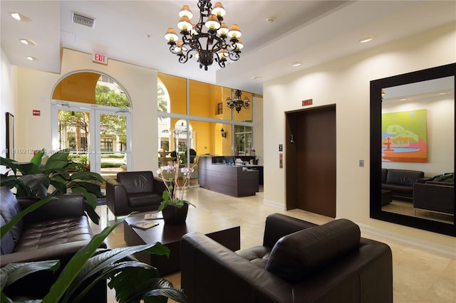 1607 Ponce De Leon Blvd Unit 12E, Coral Gables, FL 33134 - living room with a chandelier, elevator, recessed lighting, and light tile patterned floors