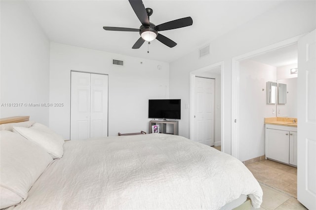 1723 SW 2nd Ave Unit 502, Miami, FL 33129 - bedroom featuring connected bathroom, a ceiling fan, two closets, and light tile patterned floors