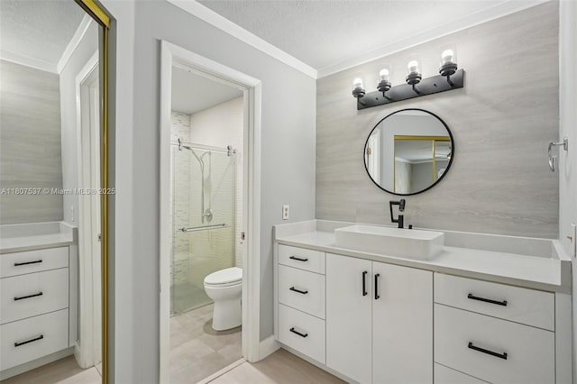 731 Briarwood Ter, Davie, FL 33325 - bathroom featuring vanity, toilet, a shower stall, ornamental molding, and a textured ceiling