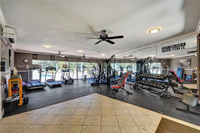 1775 N Andrews Sq Unit 104W, Fort Lauderdale, FL 33311 - gym featuring ceiling fan, a wall mounted AC, and ornamental molding