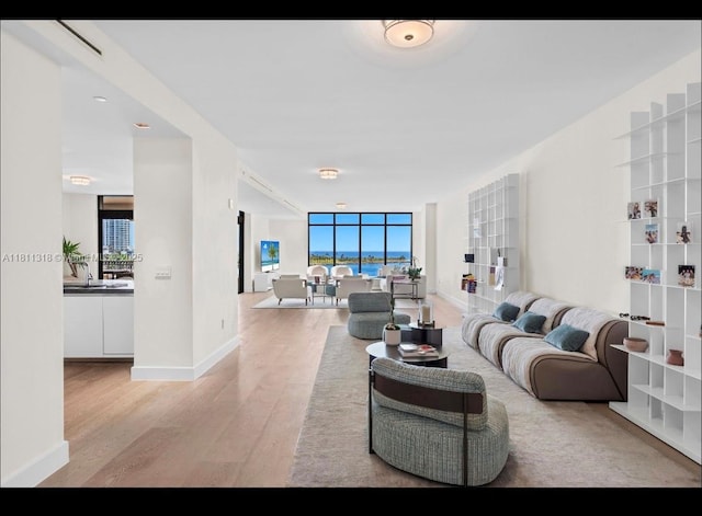 7055 Fisher Island Dr Unit 7055, Miami Beach, FL 33109 - living room with light wood-style flooring, a wall of windows, and baseboards