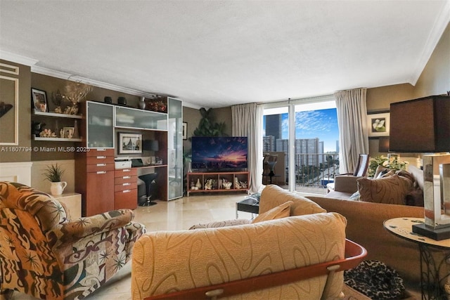 1865 S Ocean Dr Unit 18G, Hallandale Beach, FL 33009 - living room featuring crown molding, light tile patterned floors, and a wall of windows