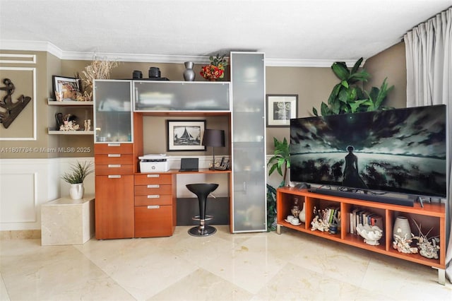 1865 S Ocean Dr Unit 18G, Hallandale Beach, FL 33009 - office with ornamental molding, a wainscoted wall, and built in study area