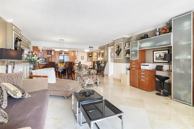 1865 S Ocean Dr Unit 18G, Hallandale Beach, FL 33009 - living room with crown molding, a desk, a decorative wall, a wainscoted wall, and marble finish floors
