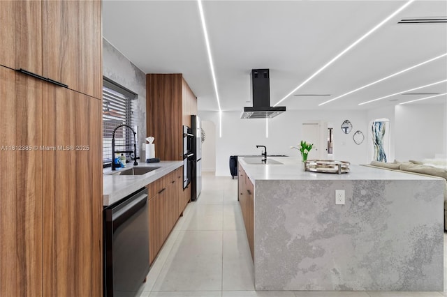 5131 Monroe St, Hollywood, FL 33021 - kitchen with modern cabinets, dishwasher, a sink, wall chimney range hood, and a spacious island
