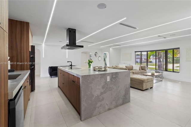 5131 Monroe St, Hollywood, FL 33021 - kitchen with modern cabinets, island exhaust hood, stainless steel dishwasher, a large island, and open floor plan