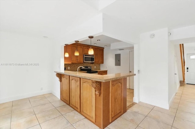 4225 N 76th Ave, Davie, FL 33024 - kitchen with stainless steel appliances, light tile patterned floors, tasteful backsplash, a peninsula, and electric panel