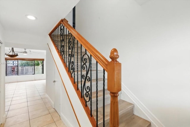 4225 N 76th Ave, Davie, FL 33024 - stairway featuring tile patterned flooring, a ceiling fan, recessed lighting, and baseboards
