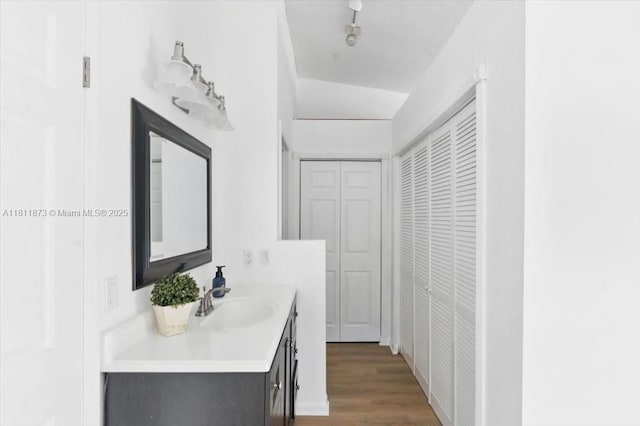 4225 N 76th Ave, Davie, FL 33024 - bathroom featuring double vanity, a closet, and wood finished floors
