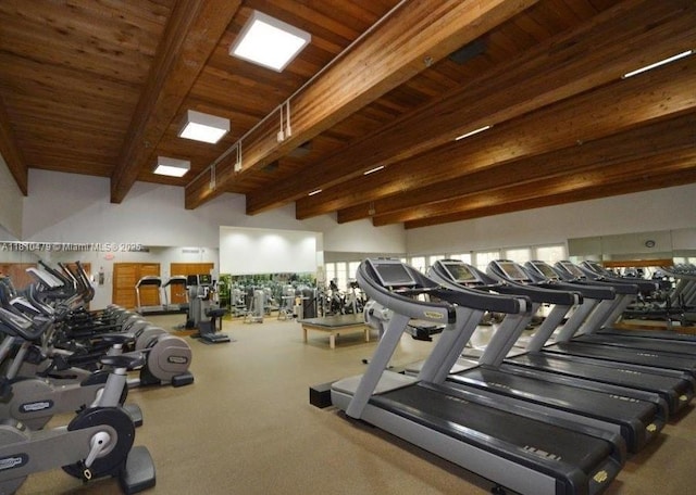 1000 Quayside Te Unit 509, Miami, FL 33138 - gym featuring a wooden ceiling with exposed beams