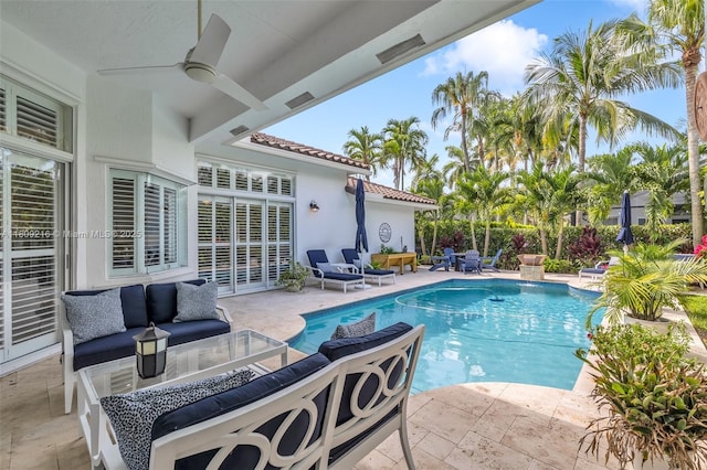 1220 Iris Ct, Weston, FL 33326 - outdoor pool featuring an outdoor hangout area, a patio area, and ceiling fan