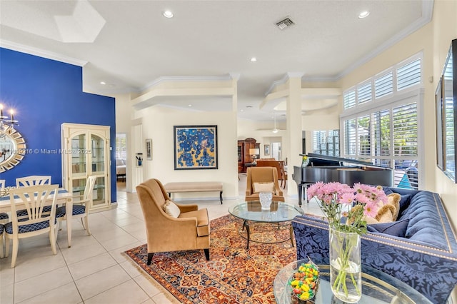 1220 Iris Ct, Weston, FL 33326 - living room featuring light tile patterned floors, crown molding, and recessed lighting