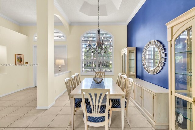 1220 Iris Ct, Weston, FL 33326 - dining space featuring ornamental molding, a chandelier, light tile patterned floors, and beverage cooler