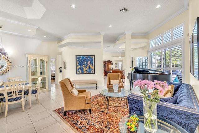 1220 Iris Ct, Weston, FL 33326 - living area with light tile patterned floors, recessed lighting, and ornamental molding