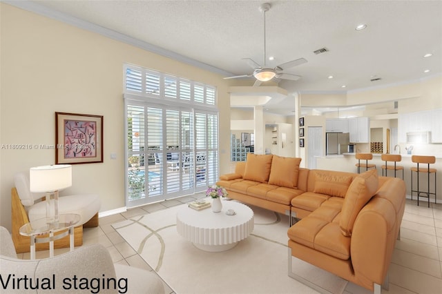 1220 Iris Ct, Weston, FL 33326 - living area featuring a ceiling fan, ornamental molding, light tile patterned flooring, and recessed lighting
