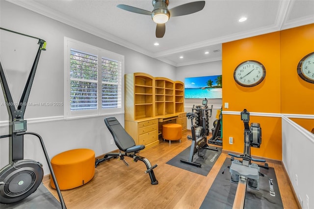 1220 Iris Ct, Weston, FL 33326 - exercise room featuring wood finished floors, a ceiling fan, crown molding, and recessed lighting